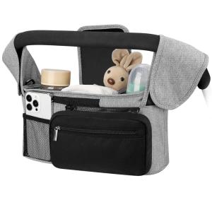 imageAccmor Universal Stroller Organizer with Insulated Cup Holder Detachable Phone Bag and Shoulder StrapStroller Bag Caddy Organizer Fits for Uppababy Baby Jogger Britax StrollersGrey  Black Pocket