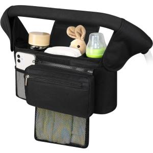 imageAccmor Universal Stroller Organizer with Insulated Cup Holder Detachable Phone Bag and Shoulder StrapStroller Bag Caddy Organizer Fits for Uppababy Baby Jogger Britax StrollersBlack with Mesh Pocket