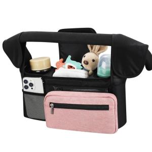imageAccmor Universal Stroller Organizer with Insulated Cup Holder Detachable Phone Bag and Shoulder StrapStroller Bag Caddy Organizer Fits for Uppababy Baby Jogger Britax StrollersBlack  Pink Pocket
