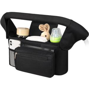 imageAccmor Universal Stroller Organizer with Insulated Cup Holder Detachable Phone Bag and Shoulder StrapStroller Bag Caddy Organizer Fits for Uppababy Baby Jogger Britax StrollersAll Black