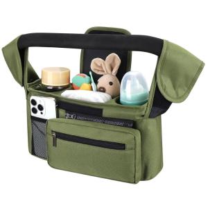 imageAccmor Universal Stroller Organizer with Insulated Cup Holder Detachable Phone Bag and Shoulder StrapStroller Bag Caddy Organizer Fits for Uppababy Baby Jogger Britax StrollersAll Green