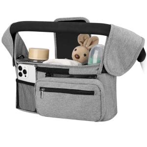 imageAccmor Universal Stroller Organizer with Insulated Cup Holder Detachable Phone Bag and Shoulder StrapStroller Bag Caddy Organizer Fits for Uppababy Baby Jogger Britax StrollersAll Grey