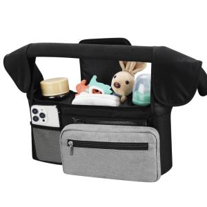 imageAccmor Universal Stroller Organizer with Insulated Cup Holder Detachable Phone Bag and Shoulder StrapStroller Bag Caddy Organizer Fits for Uppababy Baby Jogger Britax StrollersBlack  Grey Pocket