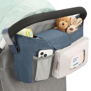 imageAccmor Universal Stroller Organizer with Insulated Cup Holder Stroller Caddy Bag Accessories Stroller Cup Holder Organizer for Uppababy Baby Jogger Britax Stroller BlueBlue
