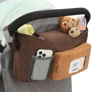 imageAccmor Universal Stroller Organizer with Insulated Cup Holder Stroller Caddy Bag Accessories Stroller Cup Holder Organizer for Uppababy Baby Jogger Britax Stroller BlueBrown