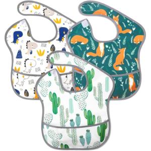imageAccmor Waterproof Baby Bibs Bibs for Baby Girls Boys 324 Months Toddler Apron Smock Bibs for Feeding Eating3pcsdinosaurs  Foxes  Cacti