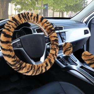 imageFluffy Steering Wheel Cover for Women Girls Accmor Universal Fit 15 inch Fur Car Wheel Cover ampamp Handbrake Cover ampamp Gear Shift Cover Set Fashion Winter Warm Fuzzy Vehicle Wheel Protector BlackKhakiBlack Tiger Stripe