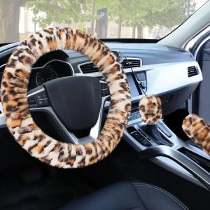 imageFluffy Steering Wheel Cover for Women Girls Accmor Universal Fit 15 inch Fur Car Wheel Cover ampamp Handbrake Cover ampamp Gear Shift Cover Set Fashion Winter Warm Fuzzy Vehicle Wheel Protector BlackBeigeLeopard