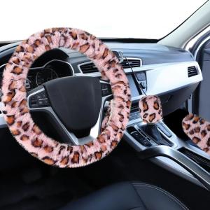 imageFluffy Steering Wheel Cover for Women Girls Accmor Universal Fit 15 inch Fur Car Wheel Cover ampamp Handbrake Cover ampamp Gear Shift Cover Set Fashion Winter Warm Fuzzy Vehicle Wheel Protector BlackPinkBrown Leopard