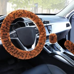imageFluffy Steering Wheel Cover for Women Girls Accmor Universal Fit 15 inch Fur Car Wheel Cover ampamp Handbrake Cover ampamp Gear Shift Cover Set Fashion Winter Warm Fuzzy Vehicle Wheel Protector BlackDark BrownLeopard
