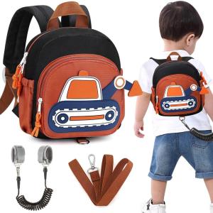 imageAccmor Toddler Leash Backpack Cute Excavator Child Bag Harness with Anti Lost Wrist Link Kid Walking Back Pack Mini Rucksack with Restraints Hand Strap Tether for Baby Boys Outdoor TravelingBlackBrown