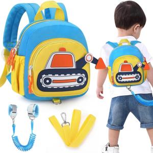 imageAccmor Toddler Leash Backpack Cute Excavator Child Bag Harness with Anti Lost Wrist Link Kid Walking Back Pack Mini Rucksack with Restraints Hand Strap Tether for Baby Boys Outdoor TravelingSky BlueYellow
