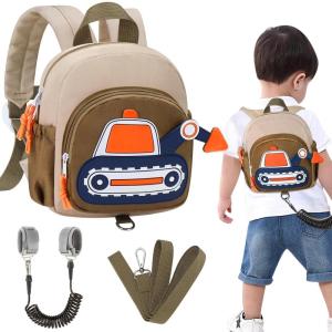 imageAccmor Toddler Leash Backpack Cute Excavator Child Bag Harness with Anti Lost Wrist Link Kid Walking Back Pack Mini Rucksack with Restraints Hand Strap Tether for Baby Boys Outdoor TravelingKhakiBrown