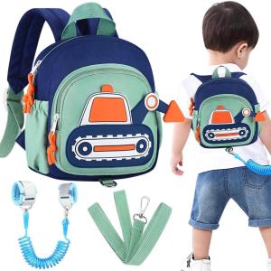imageAccmor Toddler Leash Backpack Cute Excavator Child Bag Harness with Anti Lost Wrist Link Kid Walking Back Pack Mini Rucksack with Restraints Hand Strap Tether for Baby Boys Outdoor TravelingBlueGreen