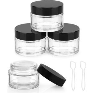 imageAccmor 1 OZ Glass Jars with Black Lids 4 Pack Small Empty Cosmetic Containers Round Glass Travel Jars with Inner Liners amp Spatulas Makeup Sample Container for Storing Lotions Cream Ointments