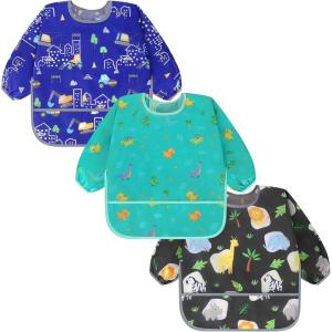 imageAccmor 3 Pack Long Sleeve Bibs Baby Smock Waterproof Sleeved Bib Smock for Baby Toddler 636 MonthsLake Blue DinosaurBlue ConstructionBlack Animal