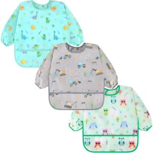 imageAccmor 3 Pack Long Sleeve Bibs Baby Smock Waterproof Sleeved Bib Smock for Baby Toddler 636 MonthsLight Blue DinosaurGrey ConstructionGreen Owl
