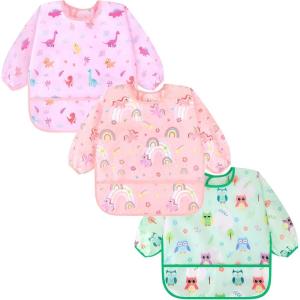 imageAccmor 3 Pack Long Sleeve Bibs Baby Smock Waterproof Sleeved Bib Smock for Baby Toddler 636 MonthsLight Pink UnicornPurple DinosaurGreen Owl