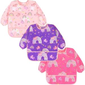 imageAccmor 3 Pack Long Sleeve Bibs Baby Smock Waterproof Sleeved Bib Smock for Baby Toddler 636 MonthsLight Pink UnicornPurple UnicornRed Unicorn 