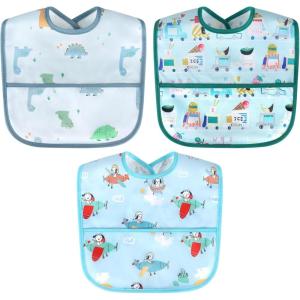 imageAccmor Waterproof Baby Bibs for Eating Mess Proof Toddler Feeding Bibs for Girls Boys 3pcsdinosaurs cars planes