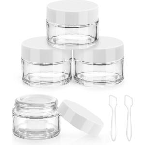 imageAccmor 4 Pcs Glass Cosmetic Jars with White Lids 1 OZ Travel Container Round Glass Jars with Inner Liners amp 2 Pcs Spatulas Makeup Sample Container Storage for DIY Making Lotions Cream OintmentsWhite