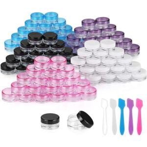 imageAccmor 50 Pieces 3g Empty Clear Plastic Sample Containers with Lids Cosmetic Jars with 5 Pieces Mini SpatulasMulticolor