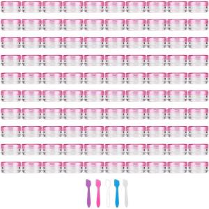 imageAccmor 50 Pieces 3g Empty Clear Plastic Sample Containers with Lids Cosmetic Jars with 5 Pieces Mini SpatulasPink