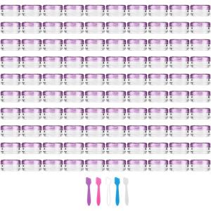 imageAccmor 50 Pieces 3g Empty Clear Plastic Sample Containers with Lids Cosmetic Jars with 5 Pieces Mini SpatulasPurple