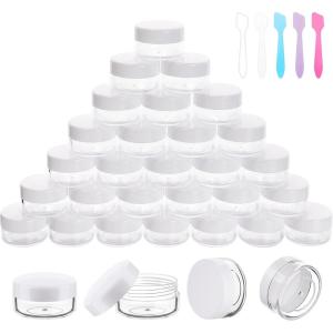 imageAccmor Sample Containers with Lids 30 Count 035Oz Sample Jars with 5 Pcs Spatulas Reusable Empty Round Cosmetic Jars Mini Makeup Travel Storage Containers for Glitter Lotion Cream DIY MakingWhite