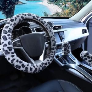 imageFuzzy Steering Wheel Cover for Women Girls Accmor Universal Fit 15 inch Fur Car Wheel Cover amp Handbrake Cover amp Gear Shift Cover Set Fashion Leopard Winter Warm Fluffy Vehicle Wheel ProtectorLight GreyDark Gray Leopard
