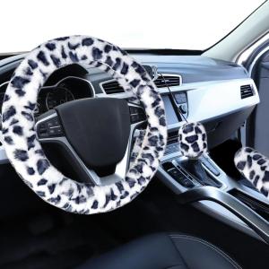 imageFuzzy Steering Wheel Cover for Women Girls Accmor Universal Fit 15 inch Fur Car Wheel Cover amp Handbrake Cover amp Gear Shift Cover Set Fashion Leopard Winter Warm Fluffy Vehicle Wheel ProtectorWhiteDark Gray Leopard