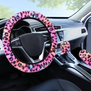 imageFuzzy Steering Wheel Cover for Women Girls Accmor Universal Fit 15 inch Fur Car Wheel Cover amp Handbrake Cover amp Gear Shift Cover Set Fashion Leopard Winter Warm Fluffy Vehicle Wheel ProtectorColorfulBlack Leopard