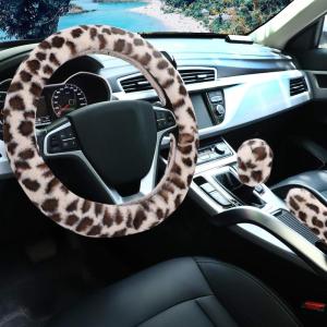 imageFuzzy Steering Wheel Cover for Women Girls Accmor Universal Fit 15 inch Fur Car Wheel Cover amp Handbrake Cover amp Gear Shift Cover Set Fashion Leopard Winter Warm Fluffy Vehicle Wheel ProtectorBeigeDark Brown Leopard