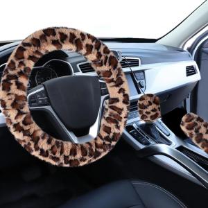 imageFuzzy Steering Wheel Cover for Women Girls Accmor Universal Fit 15 inch Fur Car Wheel Cover amp Handbrake Cover amp Gear Shift Cover Set Fashion Leopard Winter Warm Fluffy Vehicle Wheel ProtectorBrownDark Brown Leopard