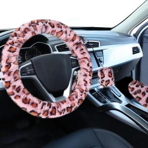 imageFuzzy Steering Wheel Cover for Women Girls Accmor Universal Fit 15 inch Fur Car Wheel Cover amp Handbrake Cover amp Gear Shift Cover Set Fashion Leopard Winter Warm Fluffy Vehicle Wheel ProtectorPinkBrown Leopard