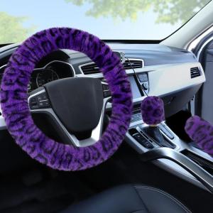 imageFuzzy Steering Wheel Cover for Women Girls Accmor Universal Fit 15 inch Fur Car Wheel Cover amp Handbrake Cover amp Gear Shift Cover Set Fashion Leopard Winter Warm Fluffy Vehicle Wheel ProtectorPurpleDark Leopard