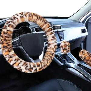 imageFuzzy Steering Wheel Cover for Women Girls Accmor Universal Fit 15 inch Fur Car Wheel Cover amp Handbrake Cover amp Gear Shift Cover Set Fashion Leopard Winter Warm Fluffy Vehicle Wheel ProtectorBeigeLeopard