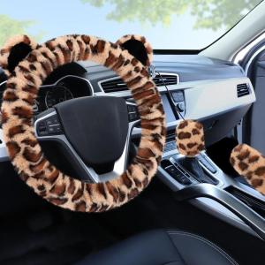 imageFuzzy Steering Wheel Cover for Women Girls Accmor Universal Fit 15 inch Fur Car Wheel Cover amp Handbrake Cover amp Gear Shift Cover Set Fashion Leopard Winter Warm Fluffy Vehicle Wheel ProtectorLight BrownDark Brown Leopard  Ears