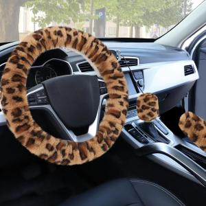 imageFuzzy Steering Wheel Cover for Women Girls Accmor Universal Fit 15 inch Fur Car Wheel Cover amp Handbrake Cover amp Gear Shift Cover Set Fashion Leopard Winter Warm Fluffy Vehicle Wheel ProtectorKhakiBrown Leopard