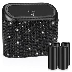 imageAccmor Car Trash Can with Lid Leakproof Vehicle Garbage Organizer Holder Bin with 60 Pcs Trash Bags Mini Auto Dustbin Interior Accessories Storage Container for SUV Office HomeCarbon FibreBlack Rhinestone