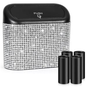 imageAccmor Car Trash Can with Lid Leakproof Vehicle Garbage Organizer Holder Bin with 60 Pcs Trash Bags Mini Auto Dustbin Interior Accessories Storage Container for SUV Office HomeBlackWhite Rhinestone