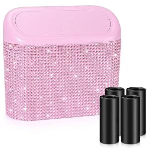 imageAccmor Car Trash Can with Lid Leakproof Vehicle Garbage Organizer Holder Bin with 60 Pcs Trash Bags Mini Auto Dustbin Interior Accessories Storage Container for SUV Office HomePinkPink Rhinestone