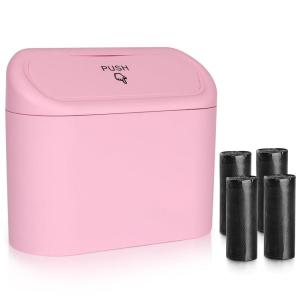 imageAccmor Car Trash Can with Lid Leakproof Vehicle Garbage Organizer Holder Bin with 60 Pcs Trash Bags Mini Auto Dustbin Interior Accessories Storage Container for SUV Office HomePink